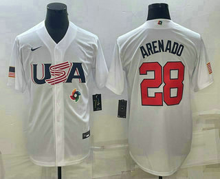 Men%27s USA Baseball #28 Nolan Arenado 2023 White World Baseball Classic Replica Stitched Jerseys